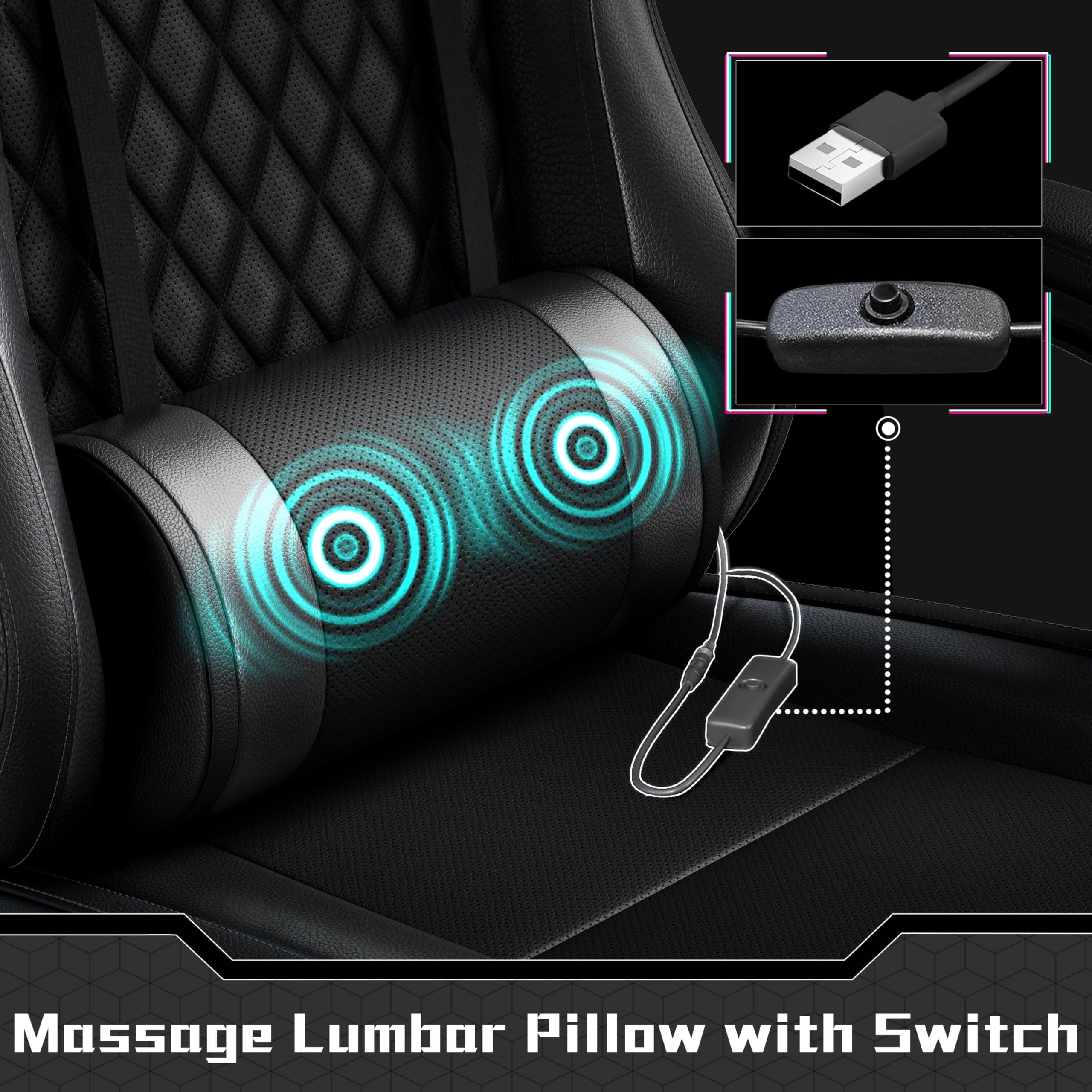 Gaming Chair - Black/Blue Massage Lumbar Pillow