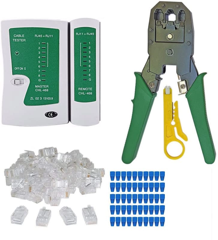 Inditrust Crimping Tool + Network Cable Tester + Cut and Strip Tool + RJ45 Connectors + Strain Relief Boot Covers