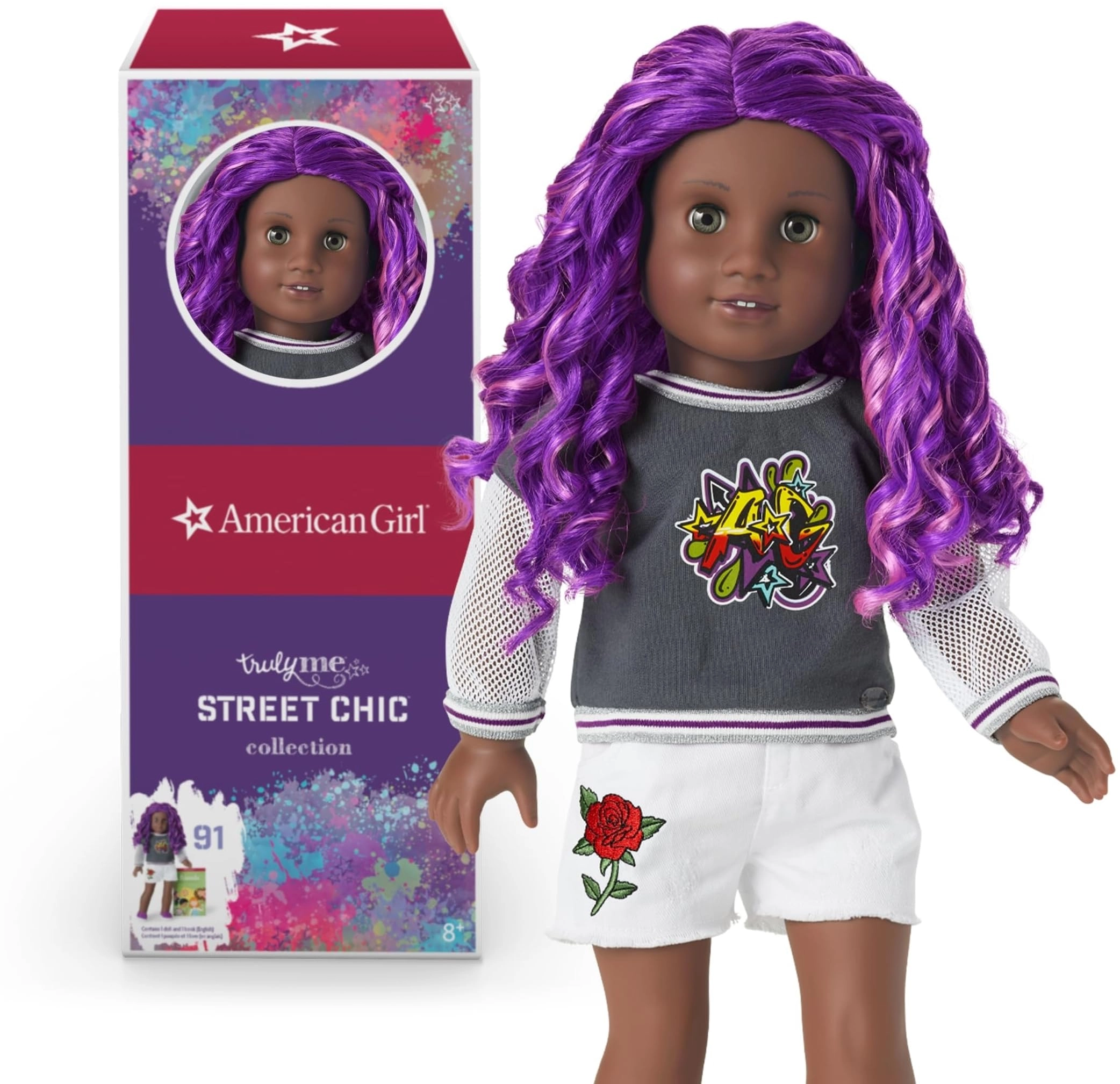 American Girl Truly Me #91 - Very Deep Skin with Neutral Undertones Gray Eyes Curly Purple Hair Girly Graffiti Outfit Ages 6+