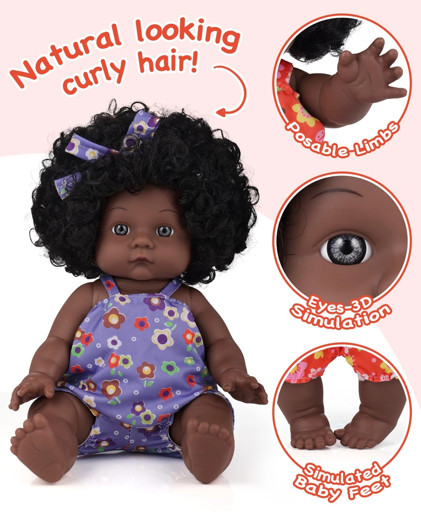 Baby Doll - 12 inch vinyl PVC Black Curly Hair 2 outfits Ages 3+
