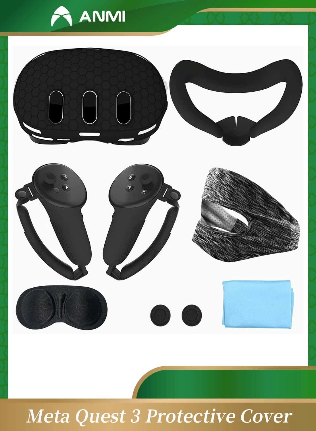Anmi Host Cover - for Meta Quest 3 + Face Mask + Grip Handle Covers + Button Caps + Lens Cover + Wiping Cloth + Eye Mask