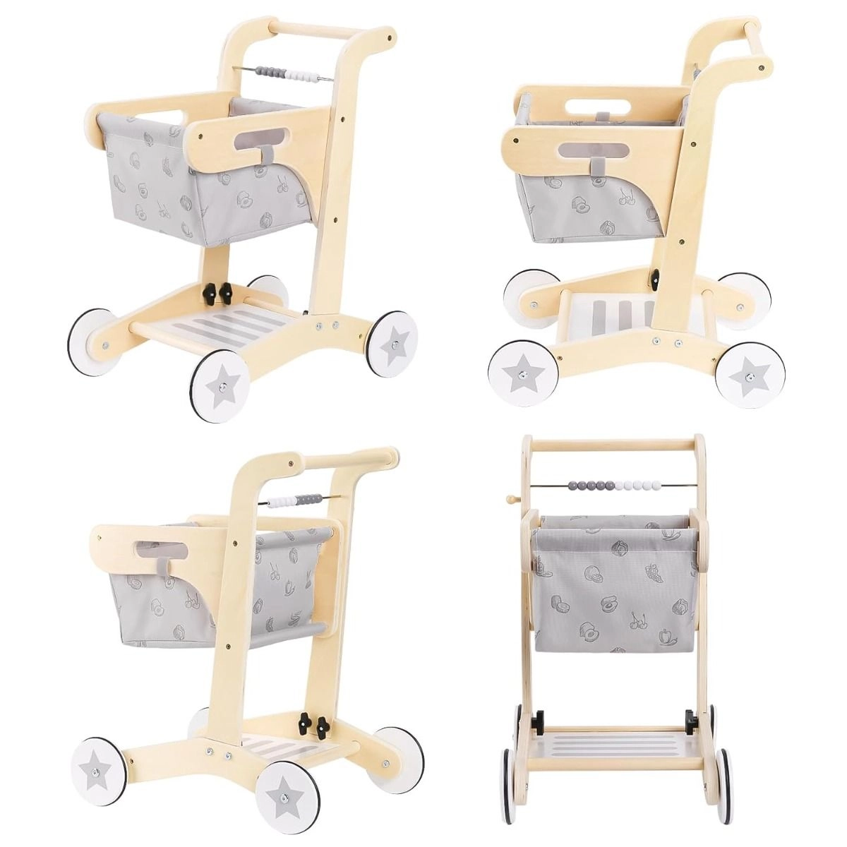 Ella Kids Wooden Shopping Trolley - Washable Cart 38 x 45 x 49 cm