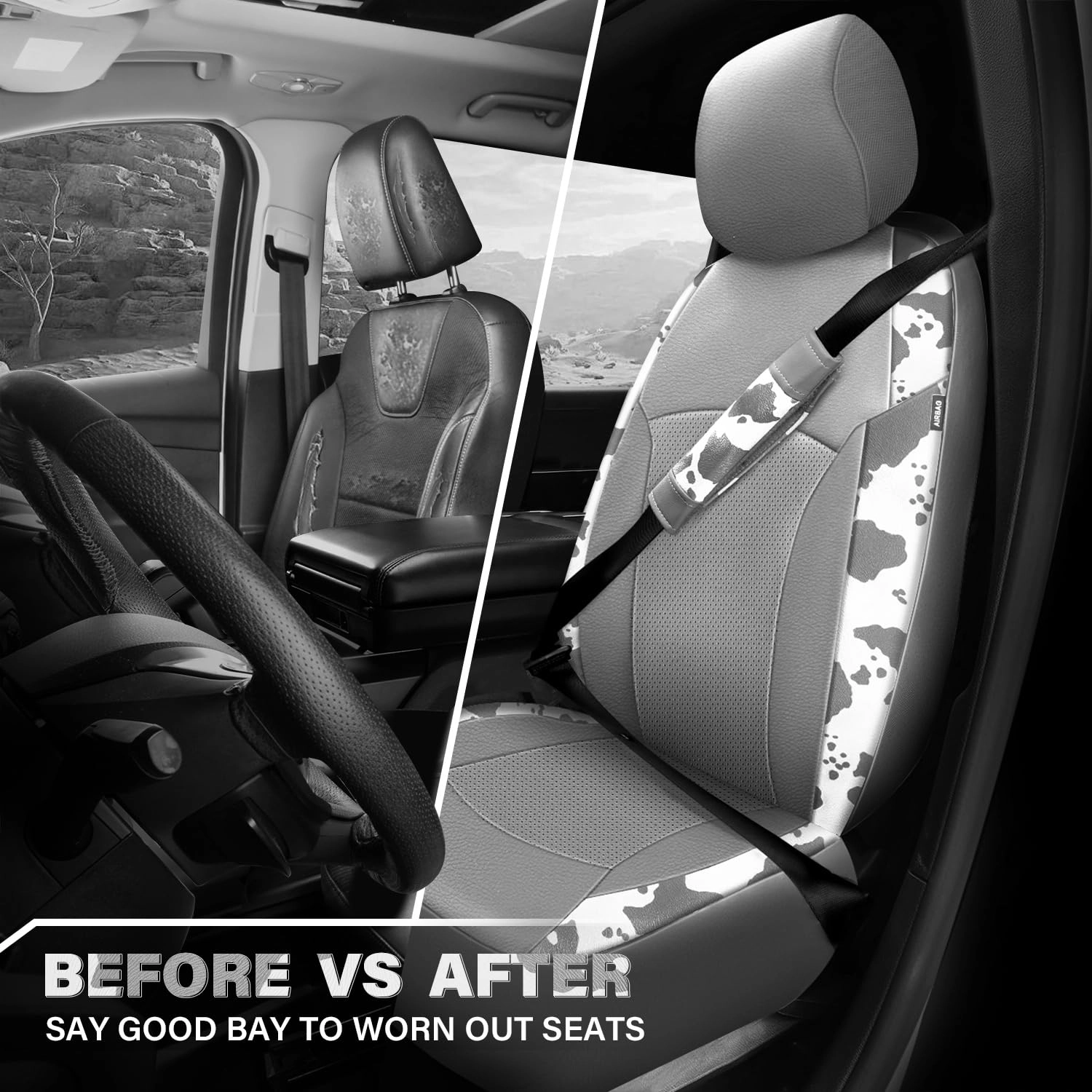 Car Seat Covers - Air Mesh Leather + Car Floor Mats - Waterproof + Steering Wheel Cover - Sporty