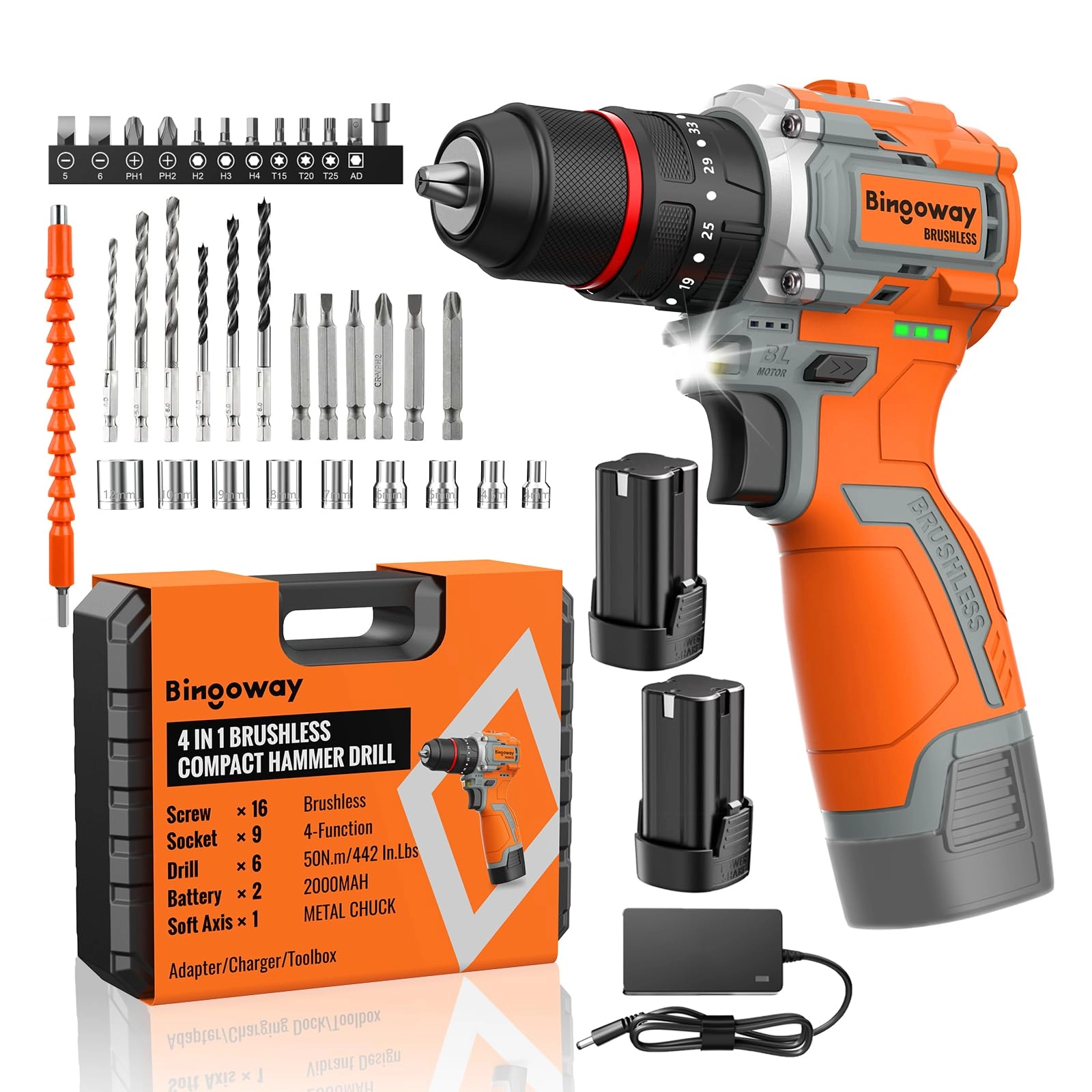 Bingoway Cordless Drill Driver - 20V 2 Batteries 30Nm