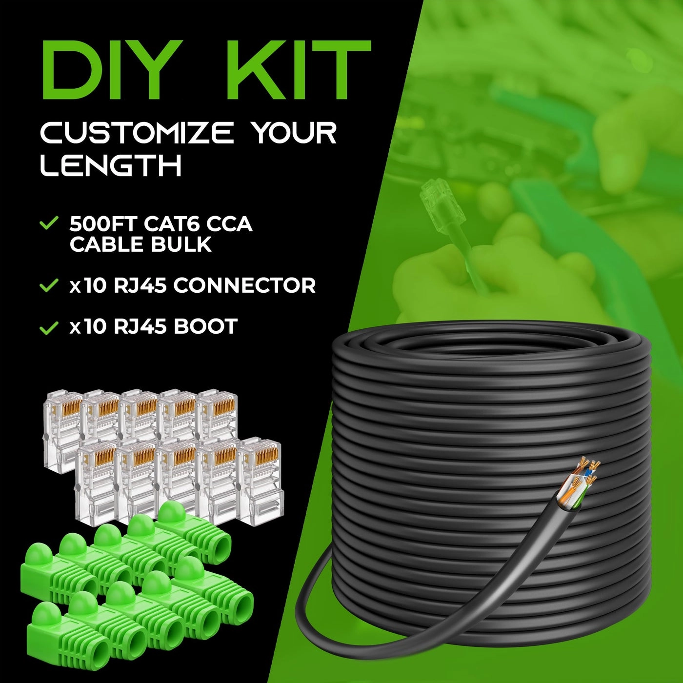 RJ45 Cat-6 Ethernet Patch Cable - 500ft + RJ45 connector + protective boot