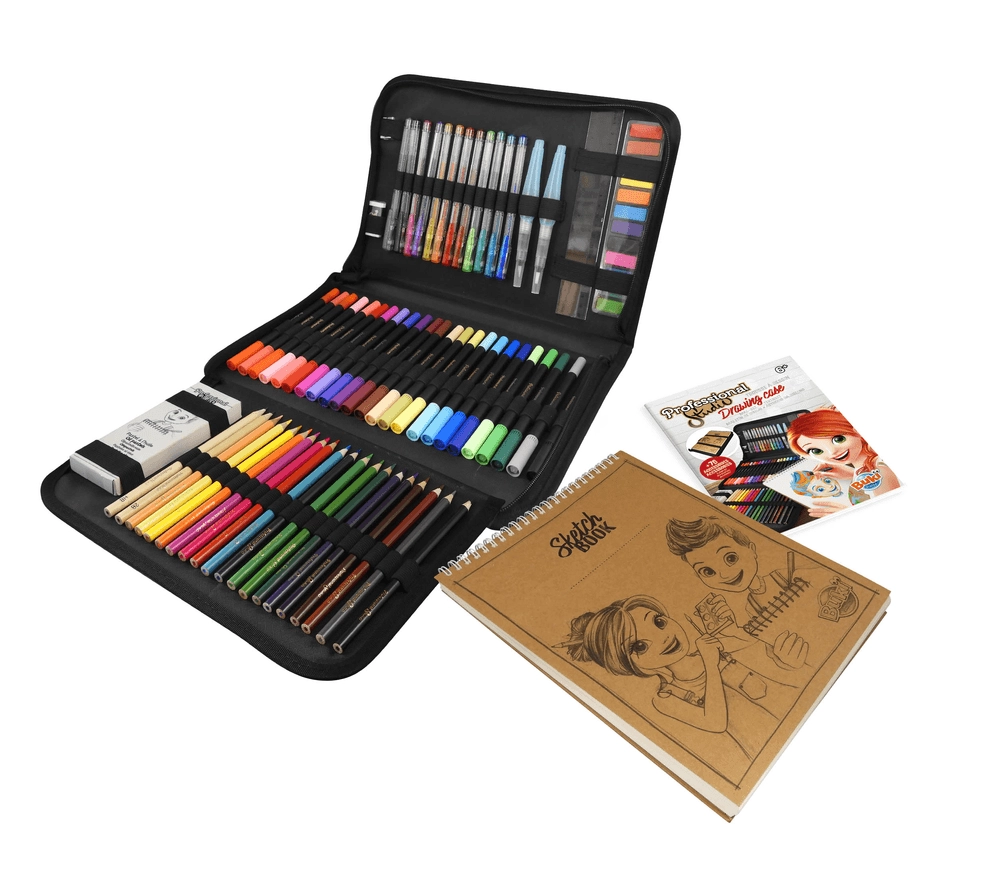 Professional Studio Drawing Kit - 1 case with handle, one 35 sheet sketch pad -300 g, 2 refillable water brushes, 12 cakes of paint, 8 oil pastels, 24 double-ended felt-tip pens, 18 watercolour pencils, 12 gel pens, 2 pencils, 1 rubber, 1 ruler, 1 pencil sharpener and 1 instruction sheet with colour illustrations