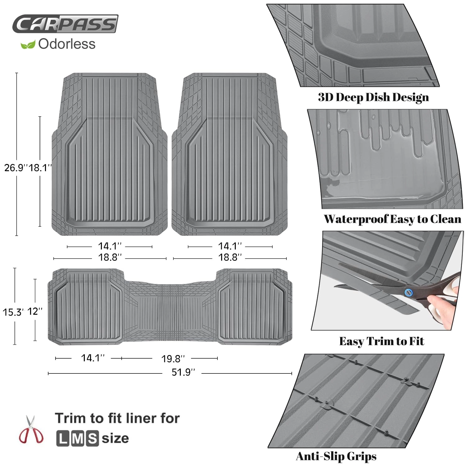 Heavy Duty Rubber Floor Mats - Universal Fit 3pcs Black Purple