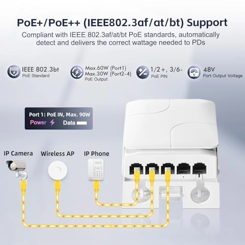 5 Port PoE Extender - 44-57 Vdc 90W/60W/30W 4 PoE out