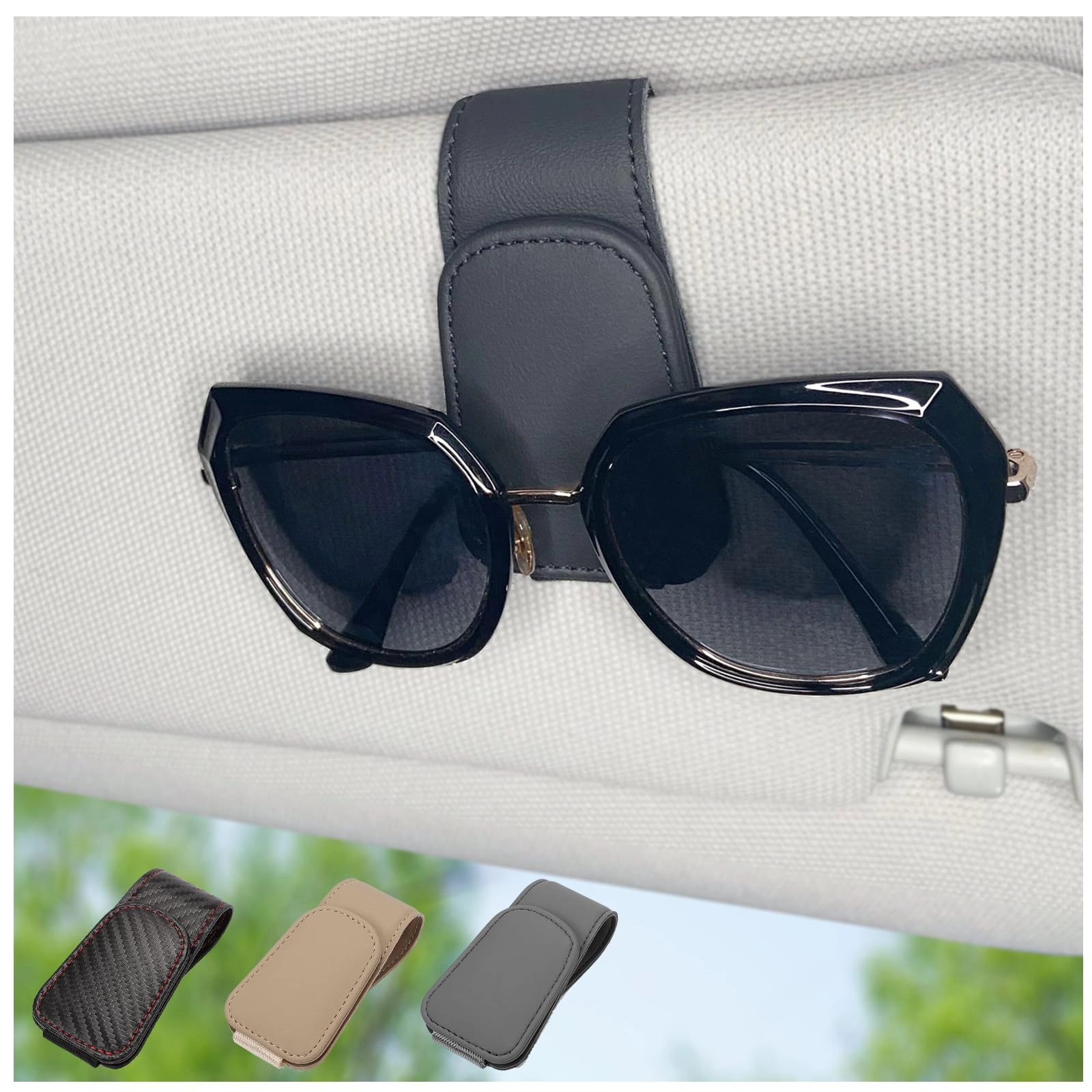 chosmoyi sunglass holder for car visor - Magnetic Leather