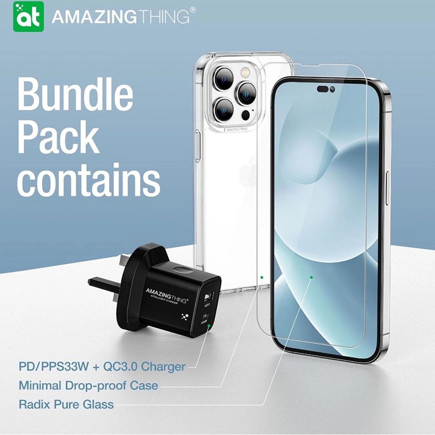 Minimal Drop-proof Case - Clear/Black + Radix Pure Glass + PD/PPS33W + QC3.0 Charger for Apple iPhone 14 Pro Max