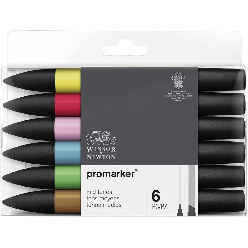Winsor & Newton ProMarker Mid Tones - 6 Colors Twin Tip