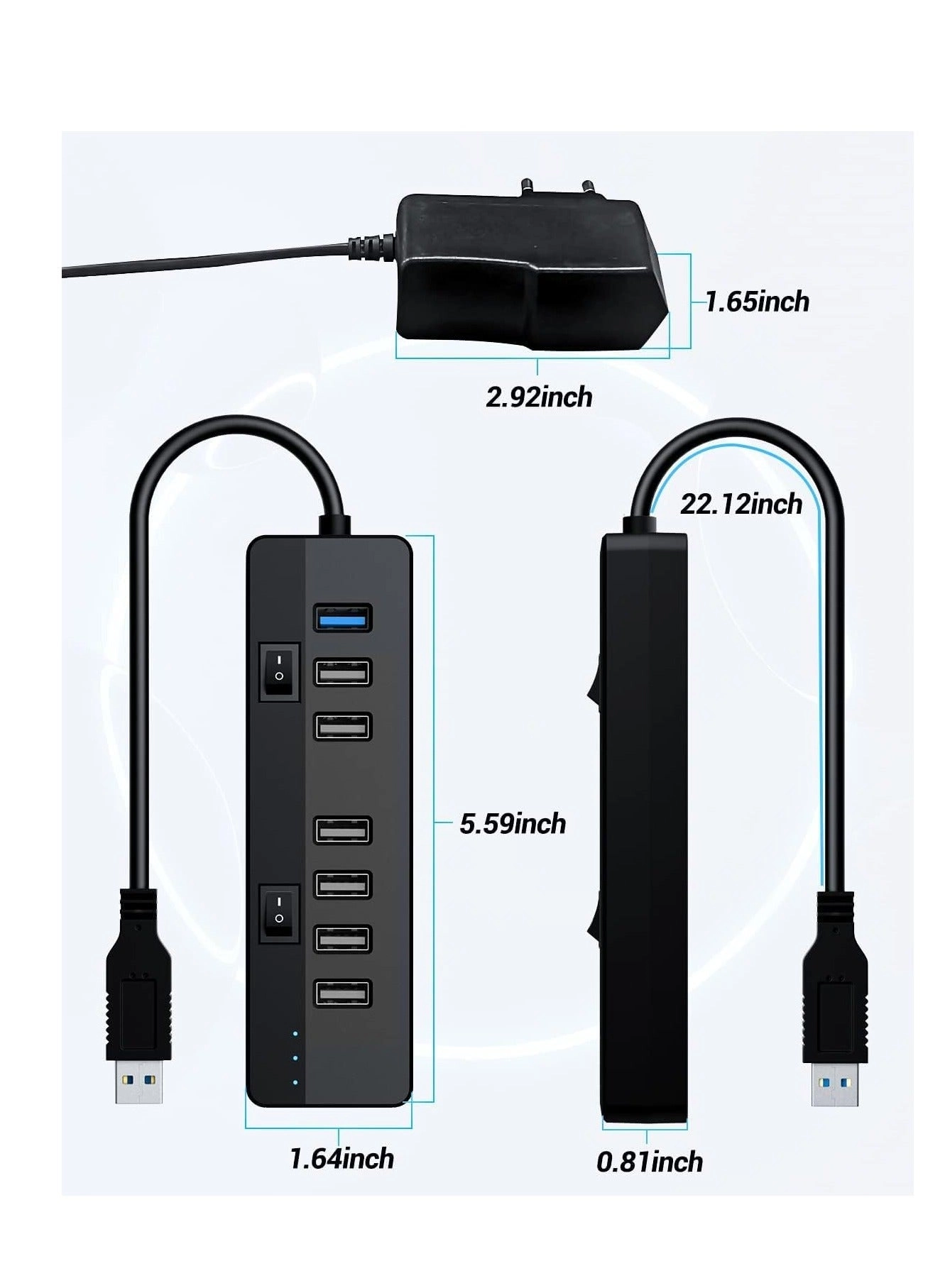 USB 3.0 Hub - 6-Port 5Gbps 3.3ft Cable