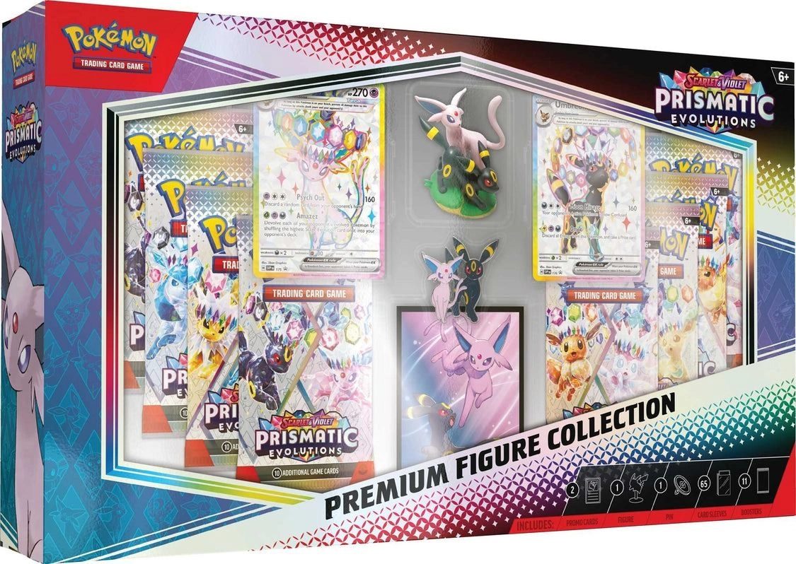Pokémon Scarlet & Violet—Prismatic Evolutions Premium Figure Collection - 11 booster packs 65 card sleeves