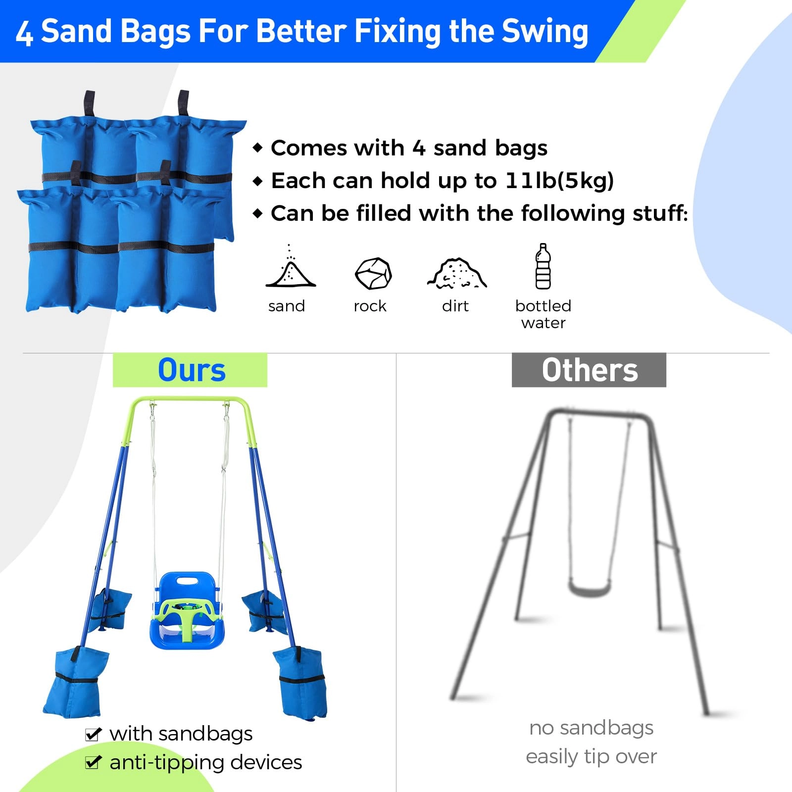 3-in-1 Swing Set - for Toddlers 4 Sandbags Bluegreen