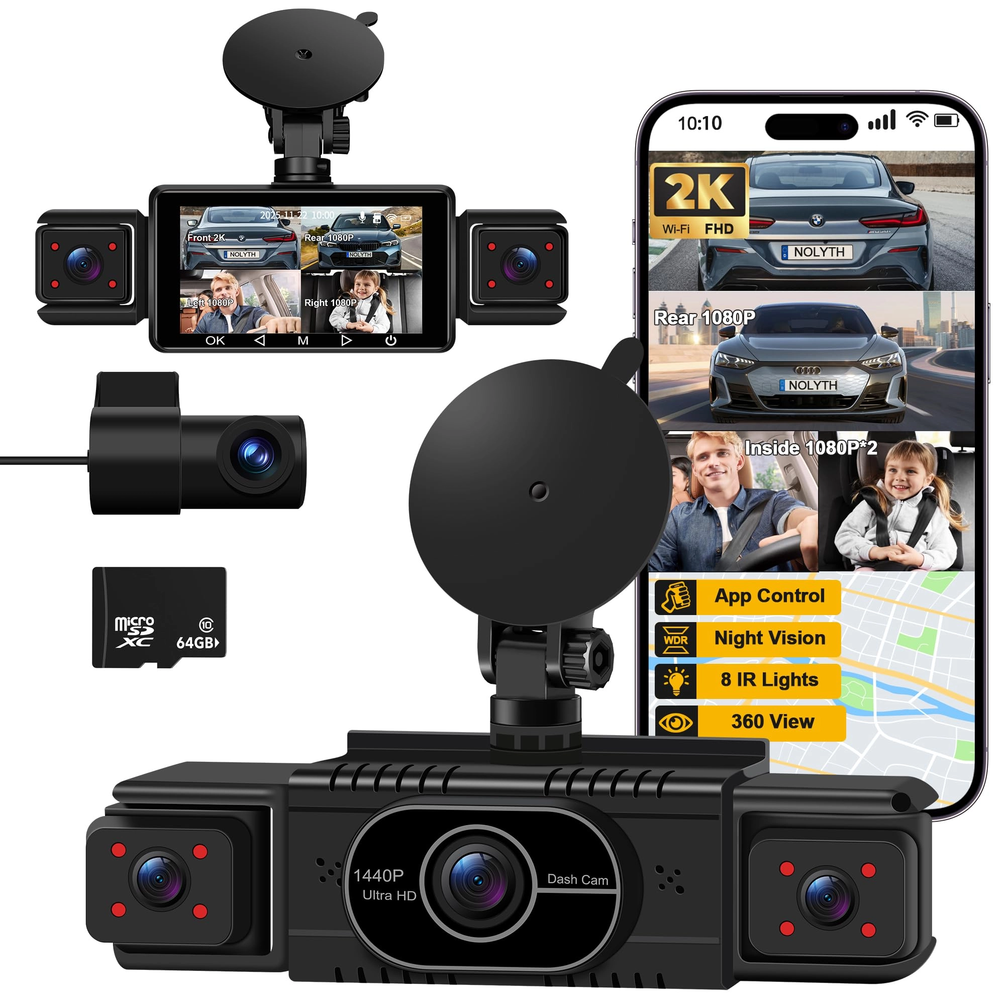 Dash Cam Front and Rear 4-Channel - 1440p