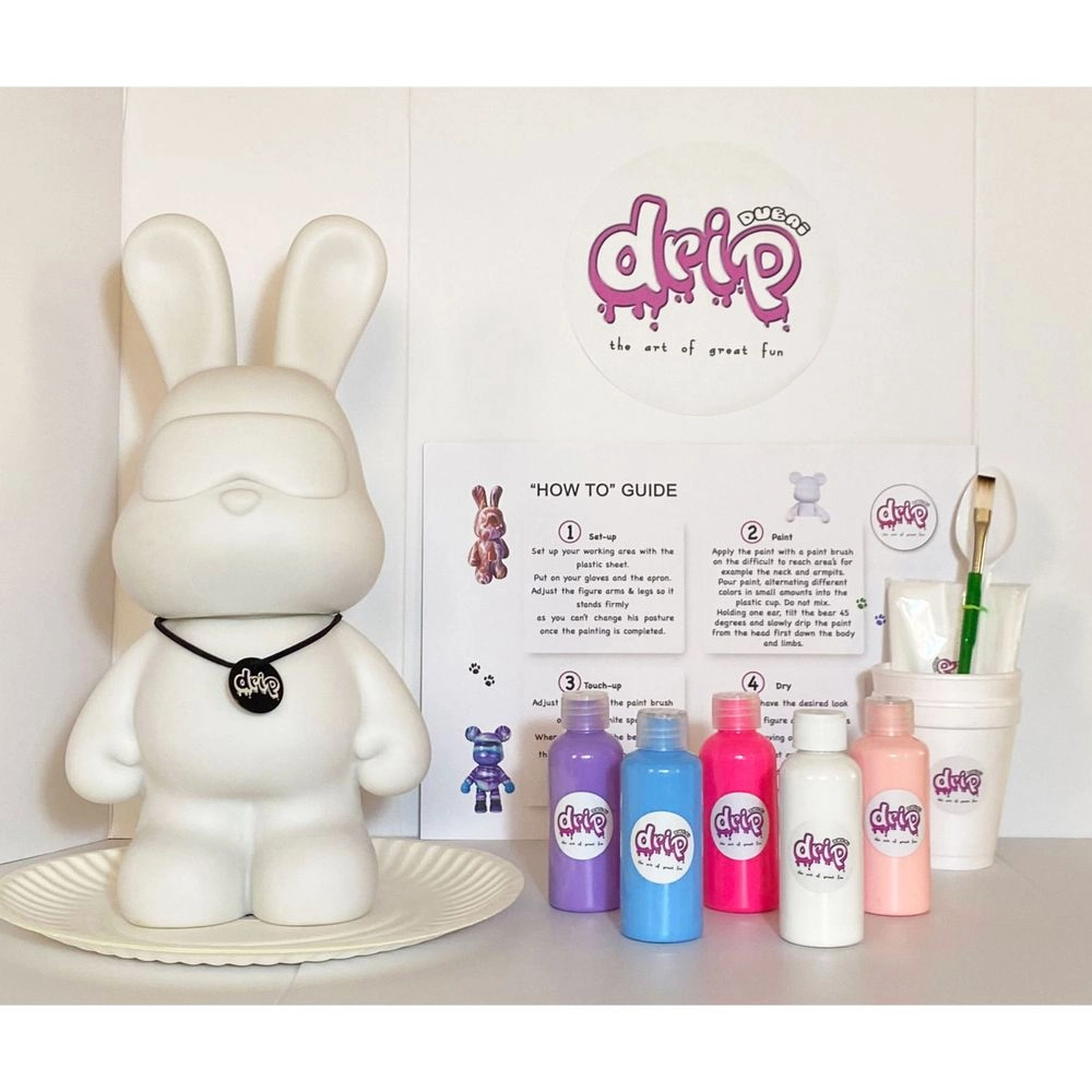 DIY Bunny Fluid Acrylic Pouring Paint Kit - 5 acrylic paints 2 oz/60 ml each; apron; clear cups; plate; gloves; paintbrush; pipette; spoon; table sheet