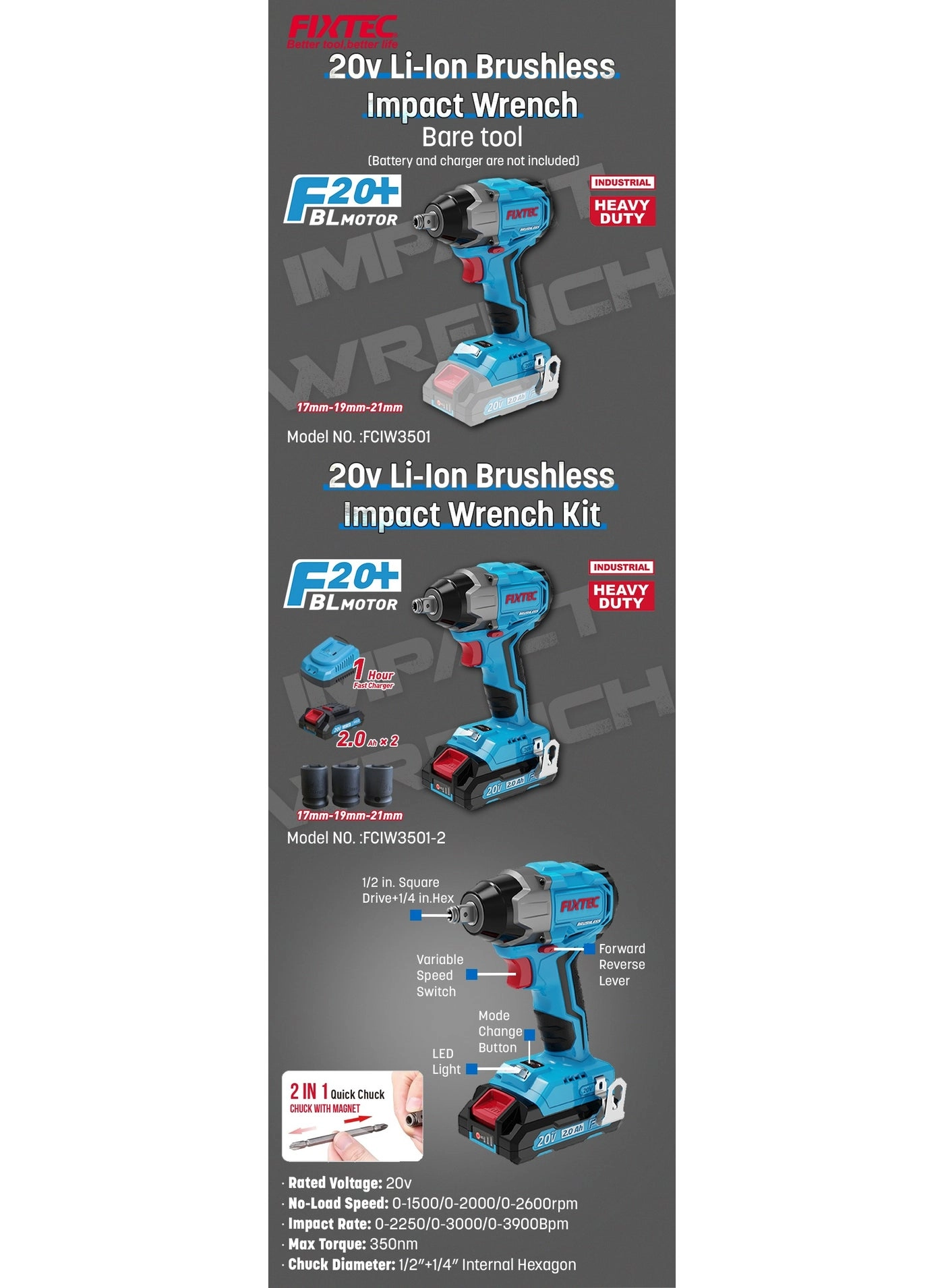 Cordless Brushless Impact Wrench - 350Nm 1/2”+1/4” Internal Hexagan