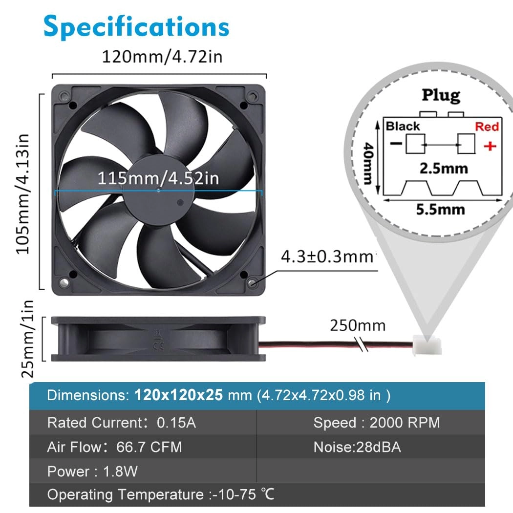 Computer Case Cooling Fan - 2 Pack 120mm x 25mm