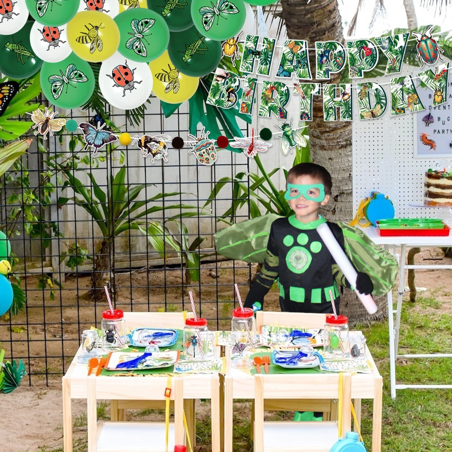 Bug Party Decorations - 1 x HAPPY BIRTHDAY banner 1 x bug theme banner 13 x cake toppers 18 x insect balloons Birthday