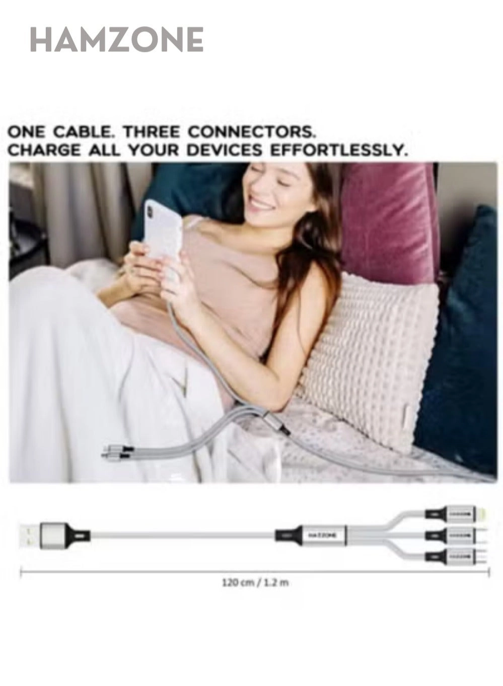 3 in 1 Fast Charging Cable 100 W USB-C to Lightning 1.2m