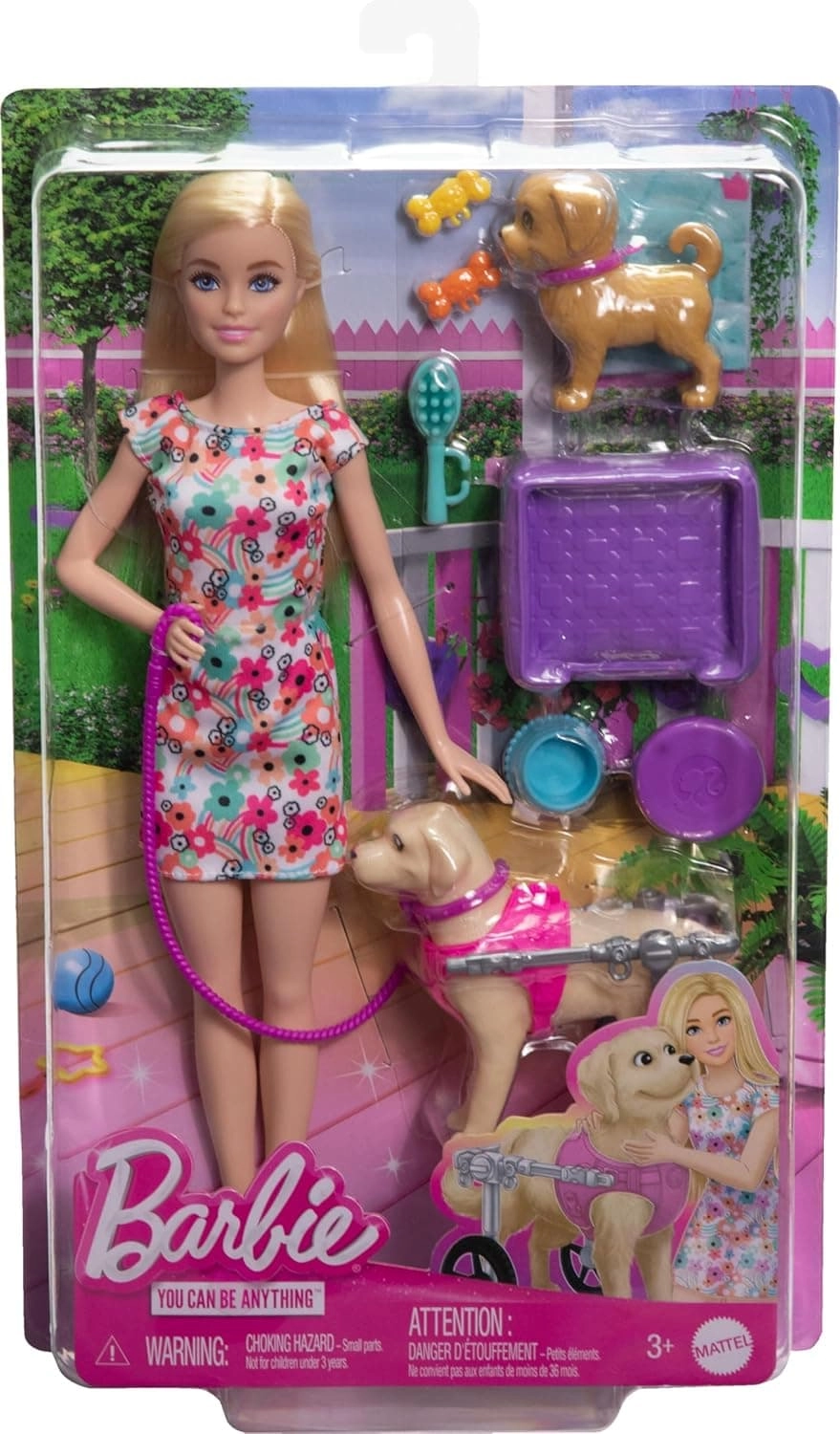 Barbie Doll - Puppy and Dog with Wheelchair Pet Accessories Ages 3+
