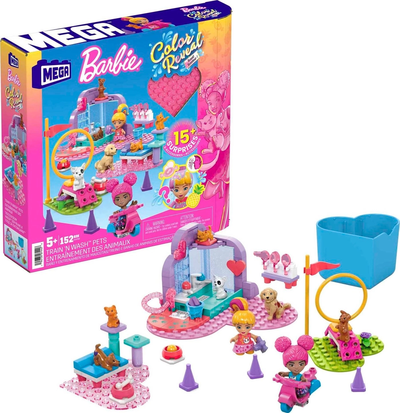 MEGA Barbie Color Reveal Train n Wash Pets Building Toy - 152pcs