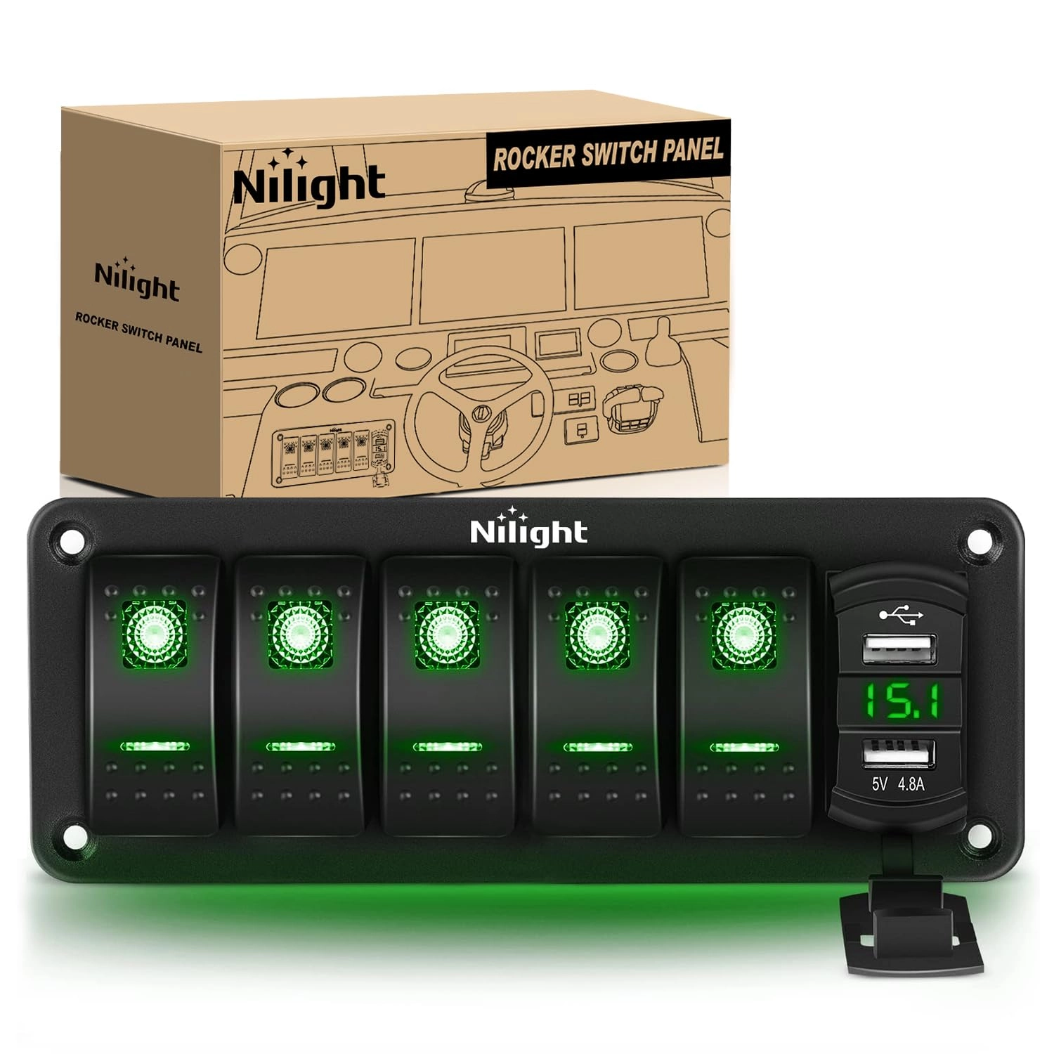 Nilight 5 Gang Rocker Switch Panel - 4.8A Dual USB Charger Voltmeter 12V 24V