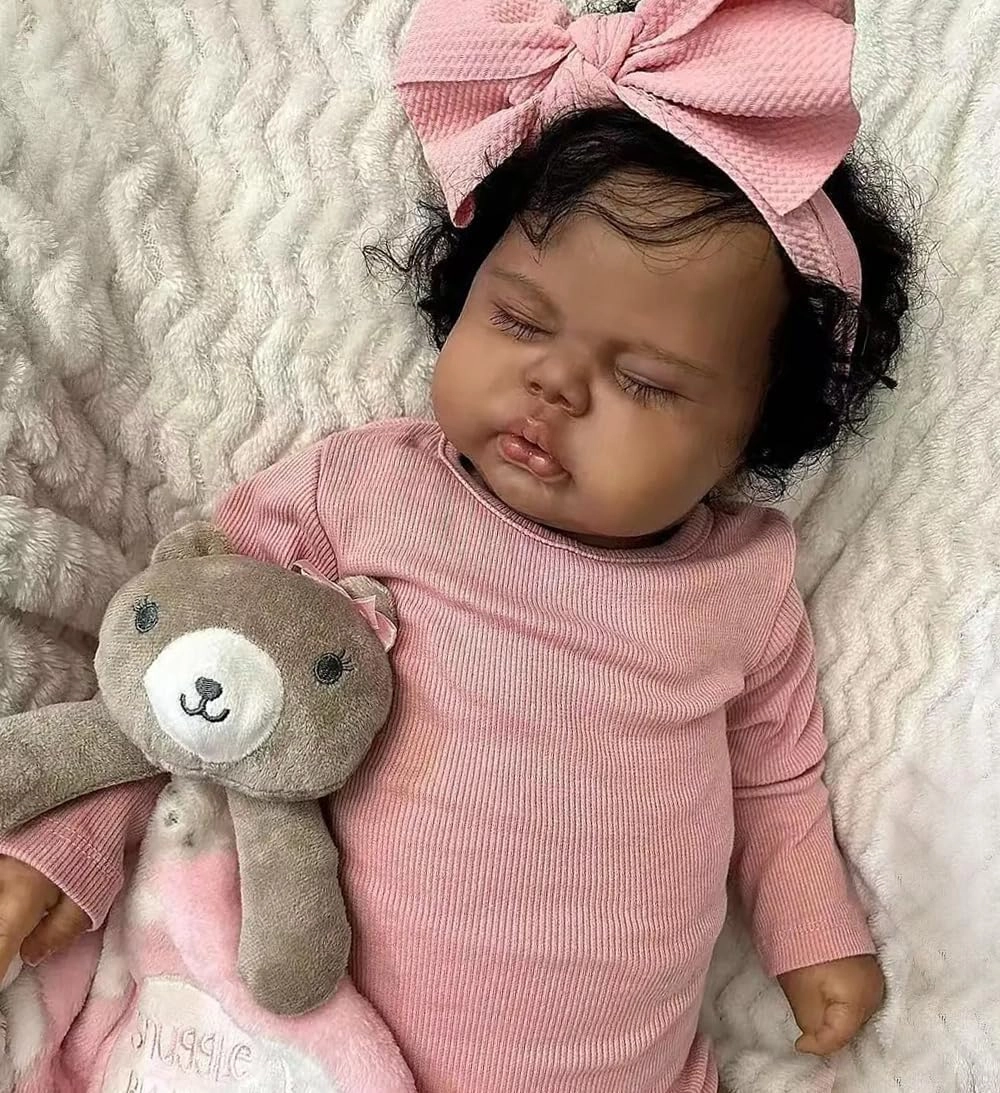 Reborn Baby Doll - 19 Inch Cloth Body Black Curly Hair Ages 3+