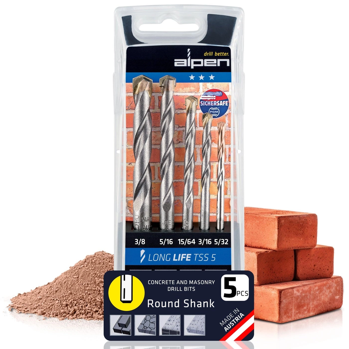 Alpen Drill Bit Set - patented carbide tip 5 pcs 5/32" 3/16" 15/64" 5/16" 3/8"