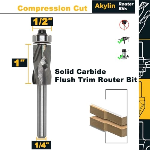 Solid Carbide Inserted Flush Trim Router Bit - 1/2" 1/4"