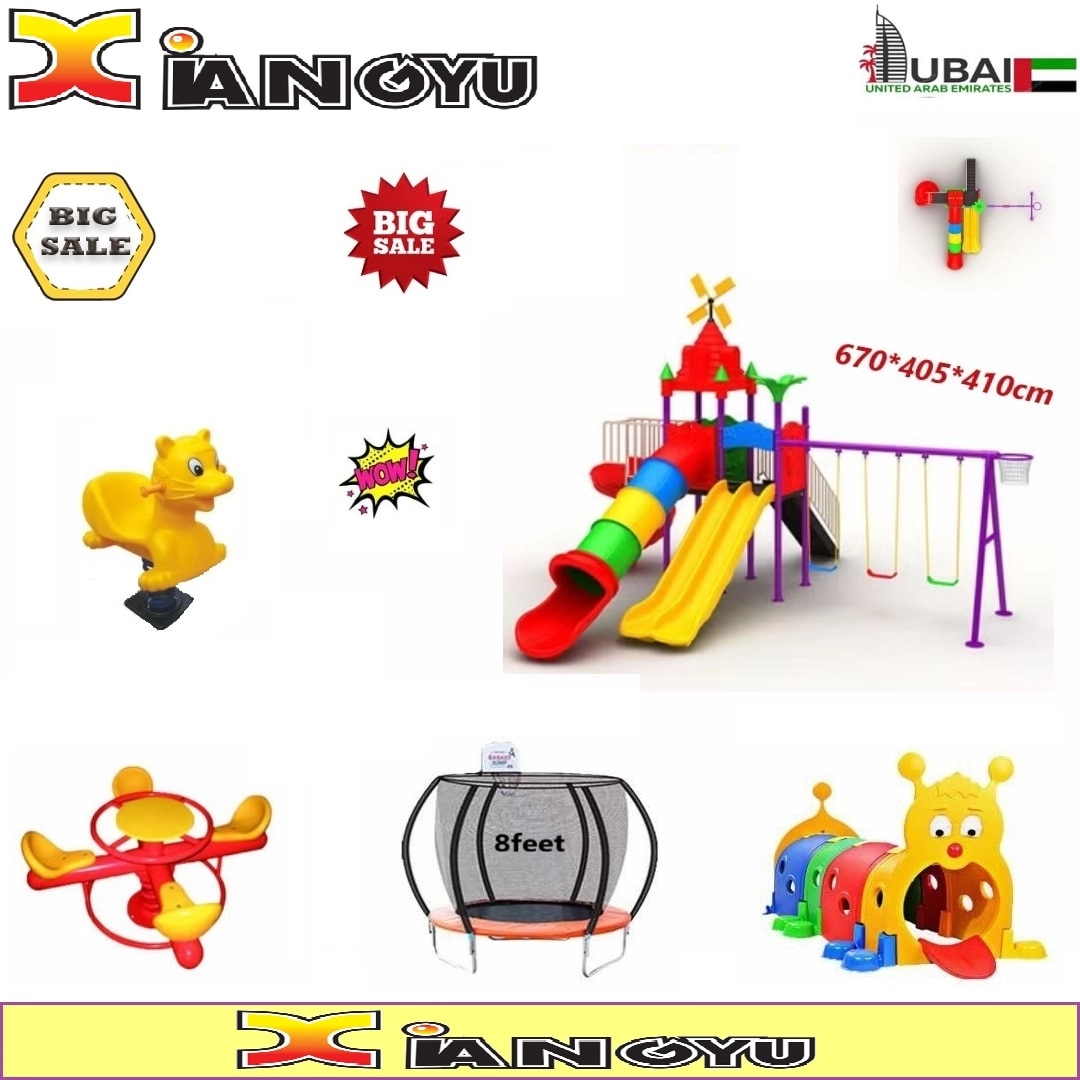 Spring Rider + Round Trampoline - 8FT + Caterpillar Tunnel + Slide and Swing Playground Set + Two Seater Seesaw