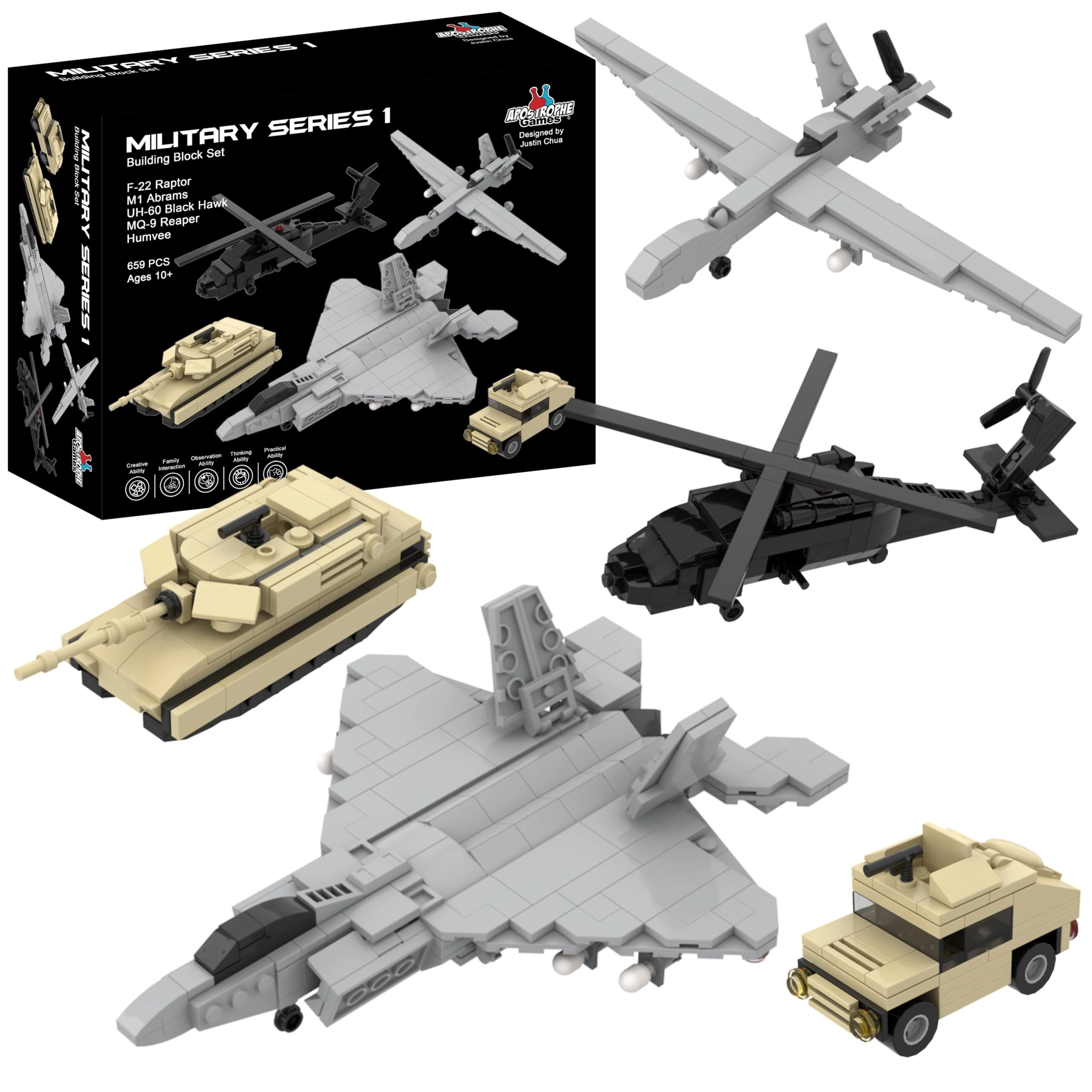 Apostrophe Games F-22 Raptor + M1 Abrams Tank + Black Hawk Helicopter + Reaper UAV + Humvee Army Truck - Army 659 pcs