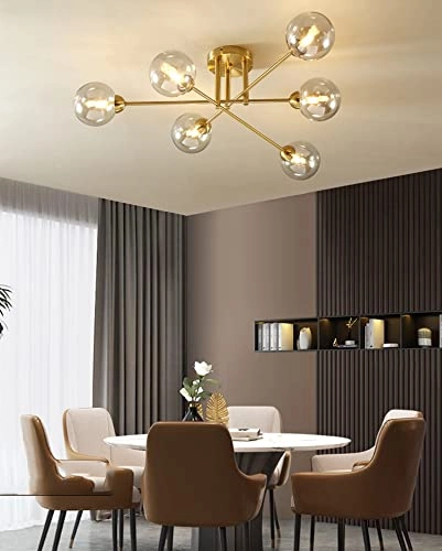 6 Light Gold Amber Glass Chandelier - Warm White