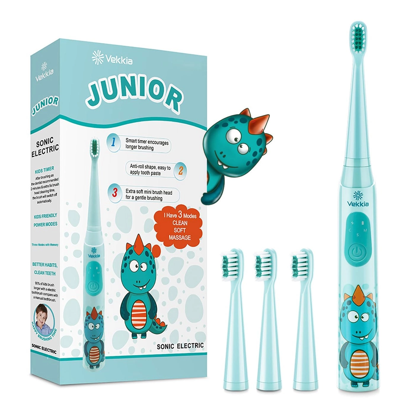 Vekkia Sonic Rechargeable Kids Electric Toothbrush - 3 Modes 24000 Strokes IPX7 Waterproof