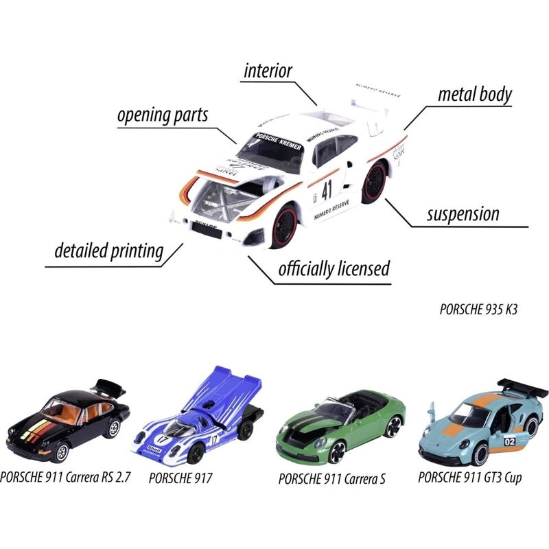 Porsche 917 + Porsche 911 Carrera RS 2.7 + Porsche 911 Carrera S Cabriolet + Porsche 935 K3 + Porsche 911 GT3 Cup (992) - 1:64 5pcs