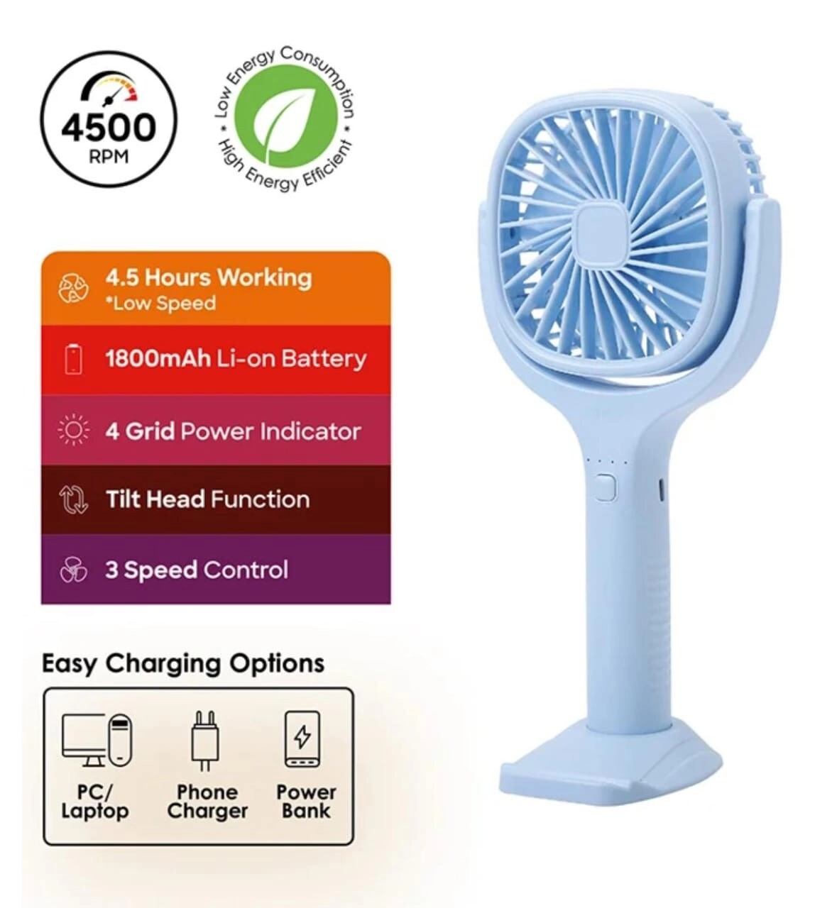 Rechargeable Handheld Fan - Mobile Holder 3 Speed Up to 4.5 Hours