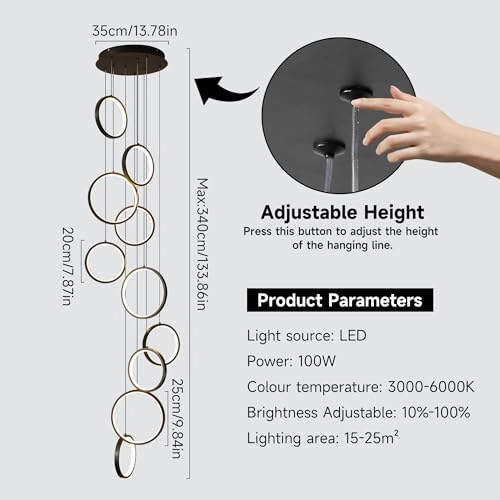 Modern LED High Ceilings Staircase Dimmable Chandeliers - 10 Rings 100W 340cm
