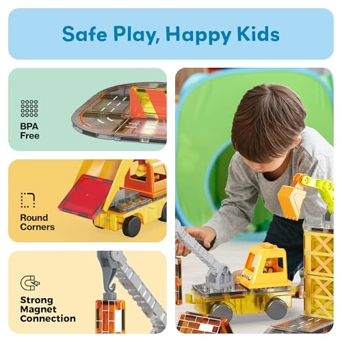 Magnet Tile Construction - 5-in-1 Crane 2 Car Base Vehicles