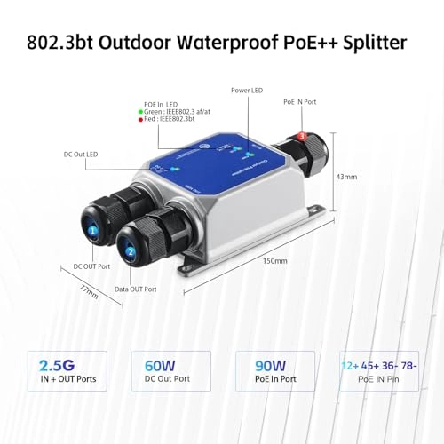 IP67 2.5G Splitter - 44-57 Vdc 65W 2 IEEE 802.3 af/at/bt 10/100/1000/2500Mbps