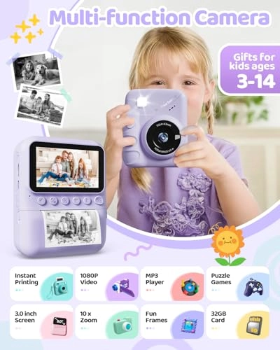 Kids Camera Instant Print - 3-inch HD Screen 1080P 32GB