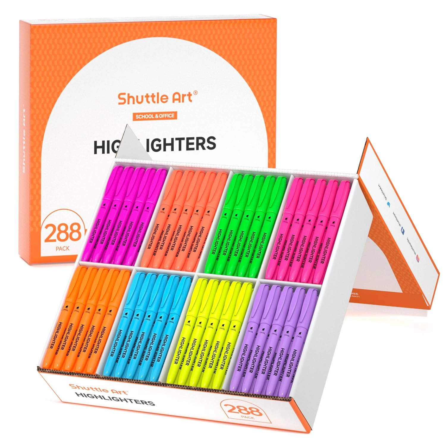 Shuttle Art 288 Pack Highlighters - Yellow, Pale Blue, Pink, Purple, Violet, Green, Orange, Bright Orange Chisel