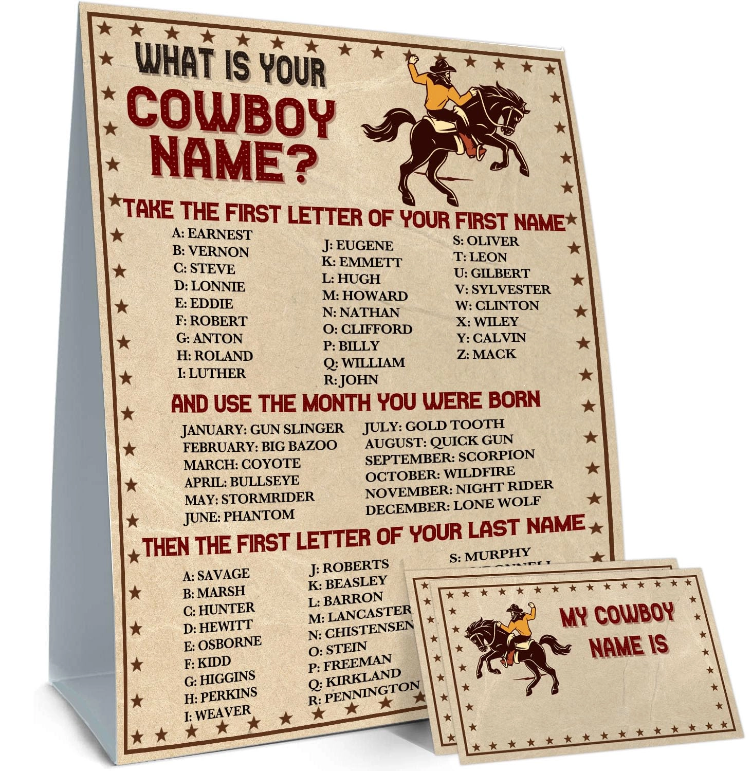 BirtDerr What's Your Cowboy Name Game - 1 double-sided printed sign and 30 stickers