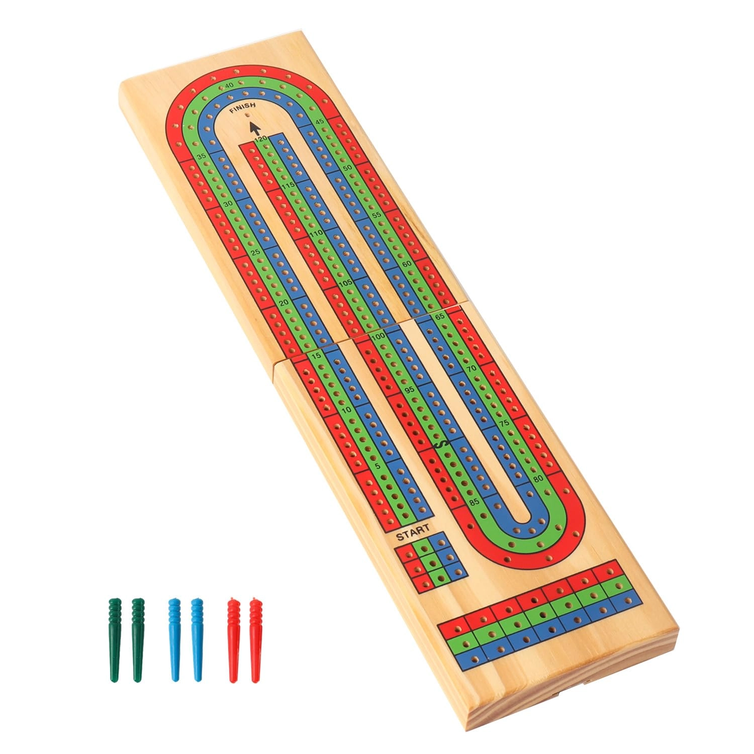 Three-Track Cribbage Board - Multi-Color Wooden 2 Deck Playing Cards