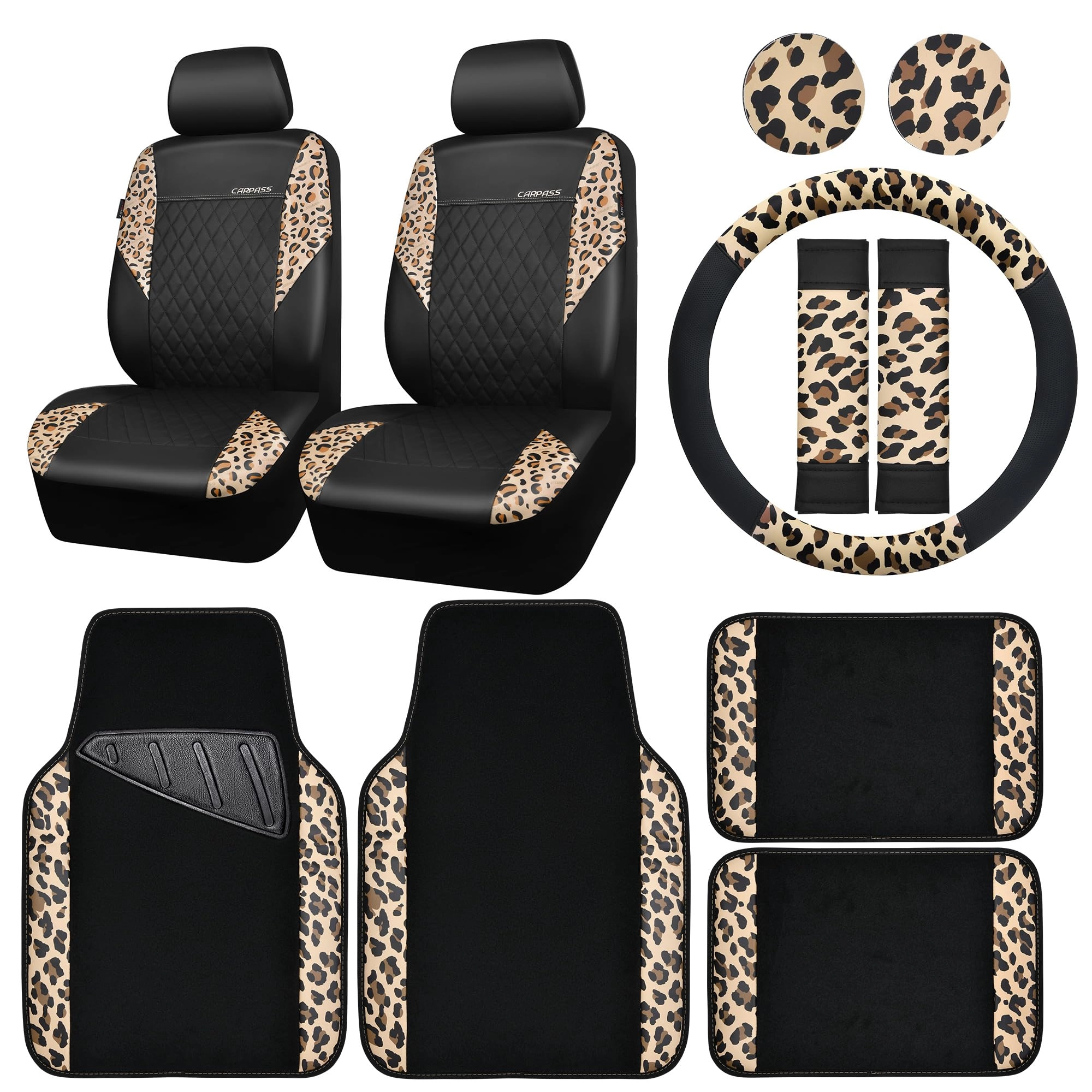Car Seat Covers - Air Mesh Leather + Car Floor Mats - Waterproof + Steering Wheel Cover - Sporty