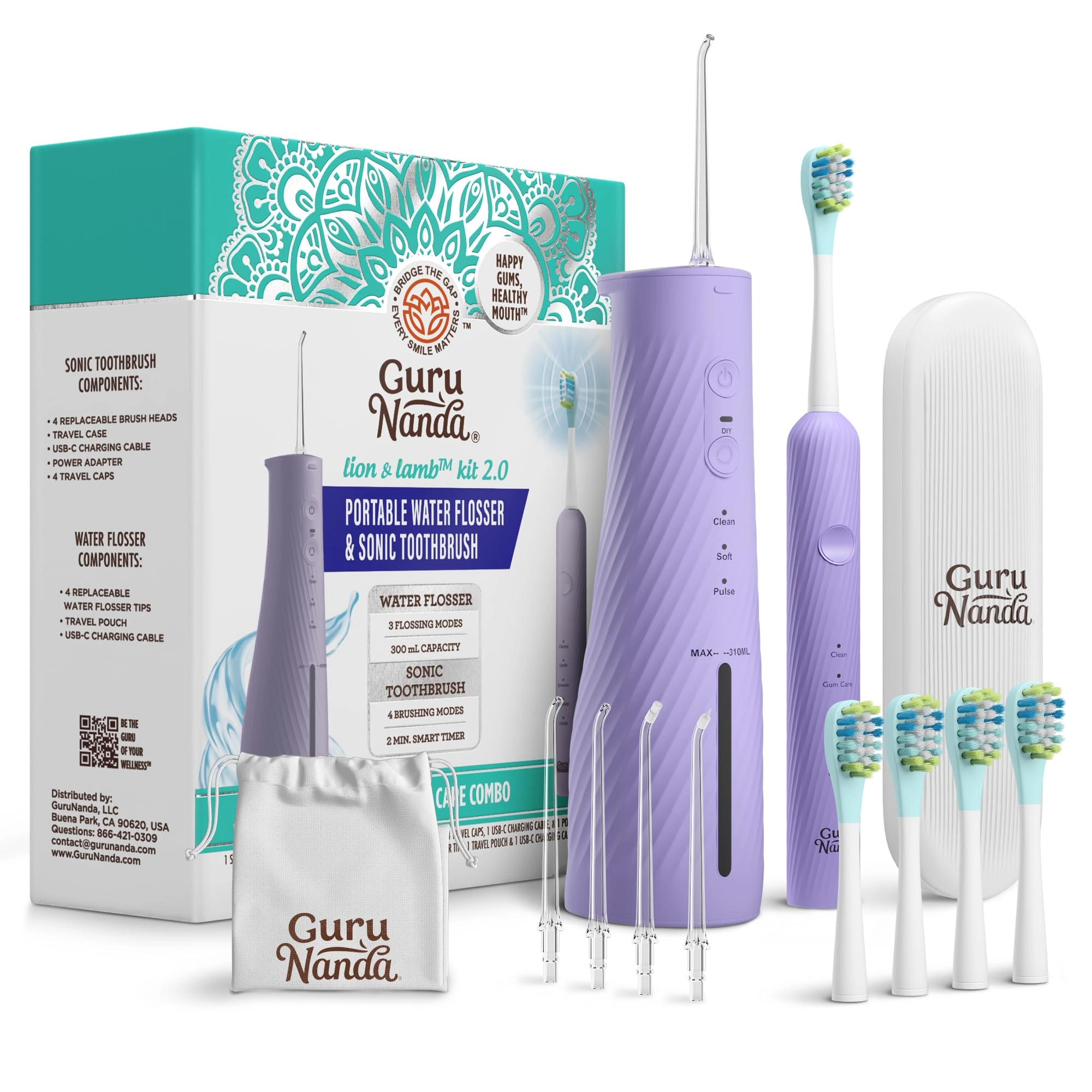 Lion & Lamb Kit 2.0 - 4 Brush Heads Lavender + Water Flosser - 4 Jet Tips IPX7 Waterproof