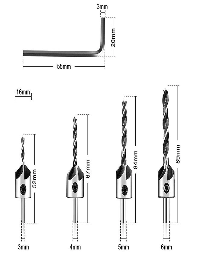 Countersink Drill Bits - High Carbon Steel 4 Pcs 3mm 4mm 5mm 6mm