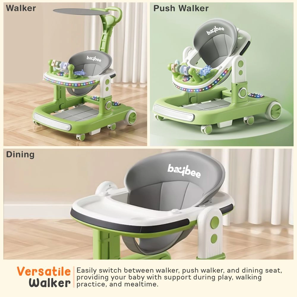 2-In-1 Push Baby Walker - Green 3-Height Adjustable