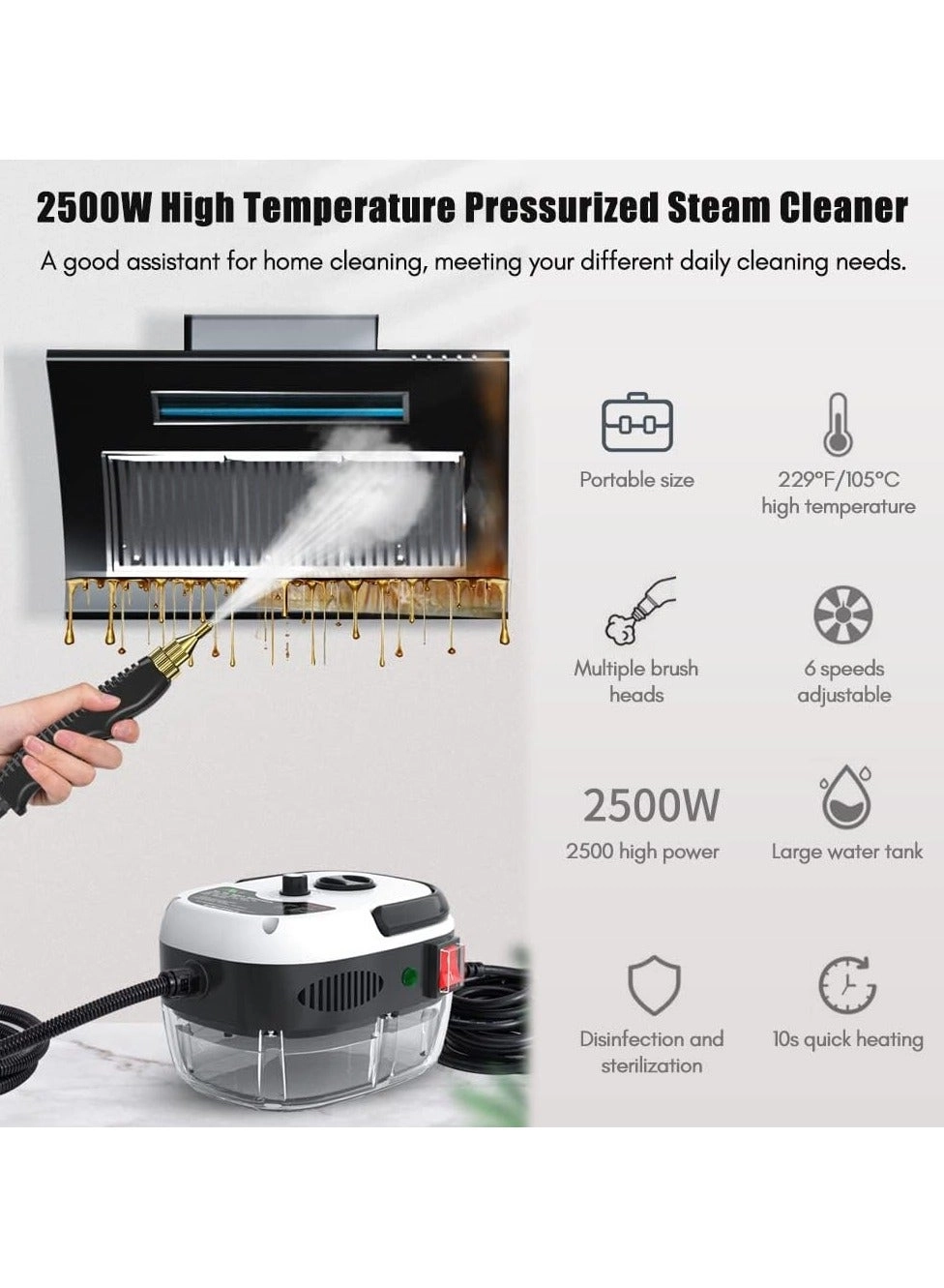 Handheld Steam Cleaner - 2500W 1000 mL 3 Brush Heads