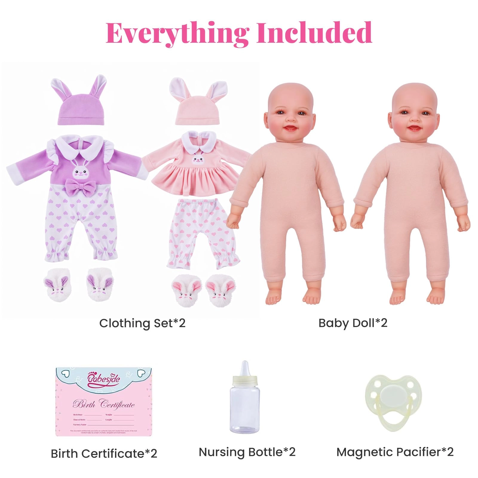 Twin Baby Dolls - 17 silicone vinyl Girl and Boy Newborn RabbitThemed Outfits Ages 3+