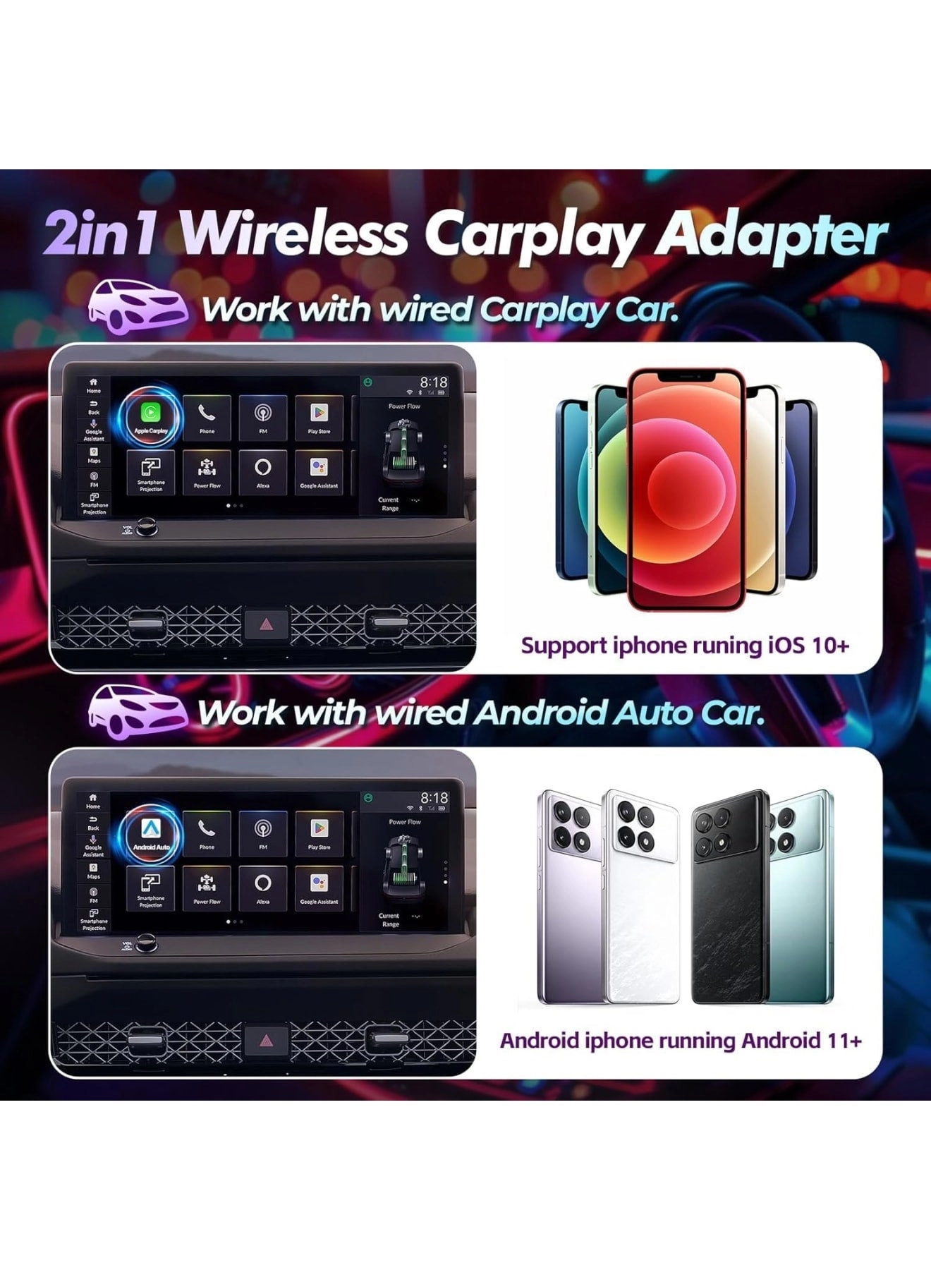 Wireless CarPlay Adapter - USB-A & USB-C 2-in-1 CarPlay & Android Auto